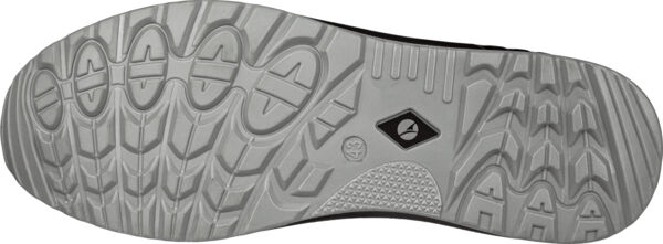 The image shows the underside of a shoe with a light gray tread pattern. The sole features round and wavy patterns, as well as a logo in the center. It appears sturdy and durable.