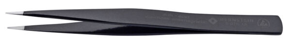 The image shows a black tweezer with narrow, pointed tips. It is straight, without any special decorations, and has a matte finish. Ideal for gripping small objects.