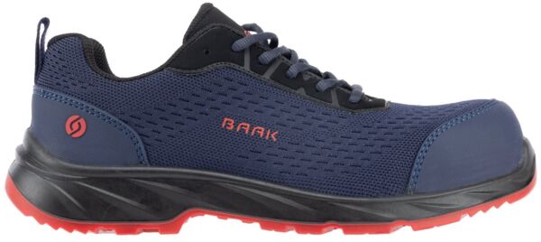 The shoe is sporty, with a blue upper and black accents. The sole is grippy, in black and red. The laces are color-coordinated, and the design is modern.