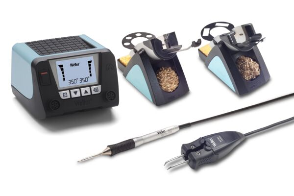 The image displays a soldering station set. It includes a digital controller with buttons, two soldering iron stands, a soldering iron with a handle, and a connection plug. The devices are in blue and black.