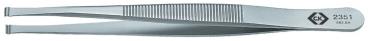 The image shows a fine, silver metal tweezer. It has a slightly curved shape and a ribbed gripping area for better hold. The back side is smooth.