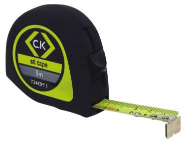 The image shows a tape measure in a black casing with yellow and gray elements. The tape measure is extended and measures up to 5 meters. On the casing, it reads "C.K" and "st tape".