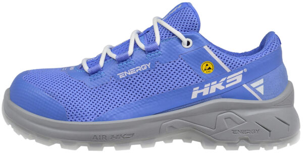 The shoe is a sporty, lightweight sneaker in bright blue. It features a breathable upper with an injected sole in gray and white laces.