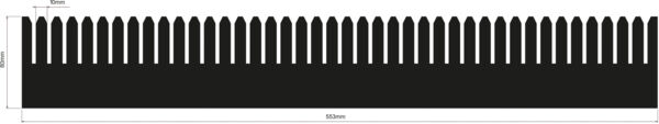 The image shows a long, black fence with pointed, wavy tops. The fence is uniform and extends horizontally. Measurements are provided at the top and bottom.