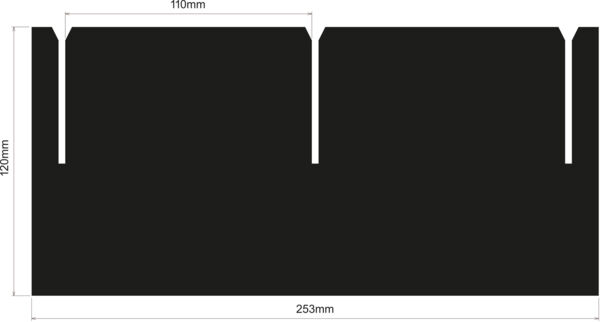 The image displays a black, rectangular shape with a width of 253 mm and a height of 120 mm. At the top, there are two notches, each spaced 110 mm apart.