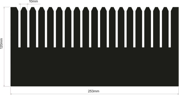 The image depicts a dark fence with pointed posts. It is 253 mm long and 120 mm high. The posts are evenly spaced, each being 10 mm wide.