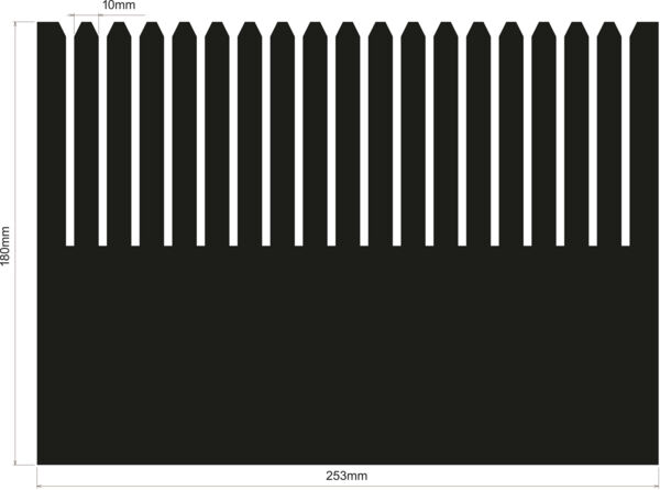 The image displays a black comb with long, uniform teeth. The teeth are 10 mm wide and the total width of the comb is 253 mm. The height of the comb is 180 mm.