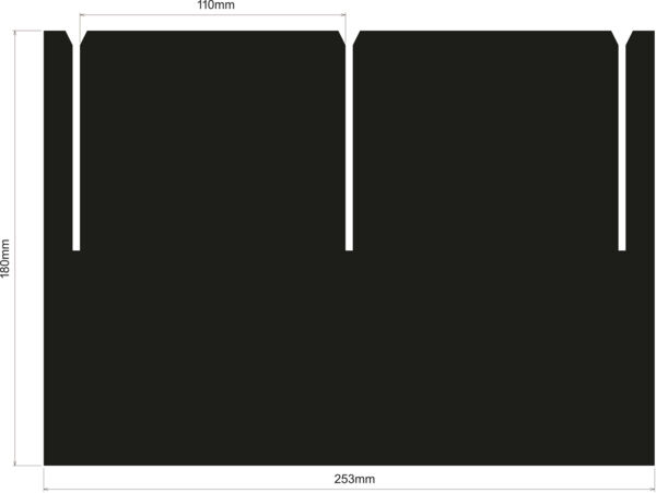 The image displays a black, rectangular area with precise measurements. At the top, there are two notches symmetrically placed. Overall dimensions: 253 mm width, 180 mm height.