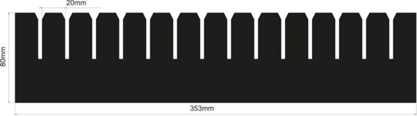 Das Bild zeigt einen schwarzen, rechteckigen Gegenstand mit gezacktem oberen Rand. Die Maße sind 353 mm lang und 80 mm hoch, mit Zacken von 20 mm Breite.