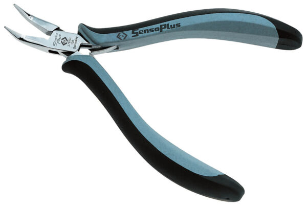 The image displays an elegant pair of pliers with two handles. The handles are black and light blue. The pliers feature a sharp, fine working surface, ideal for precise tasks.