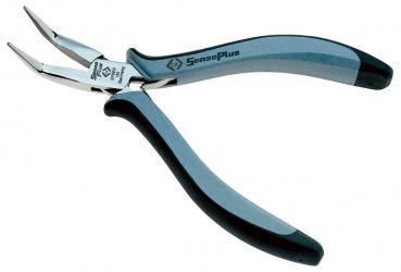 The image shows a pair of pliers with long, narrow jaws and black rubberized handles. It is well-suited for delicate tasks such as gripping or bending wires.