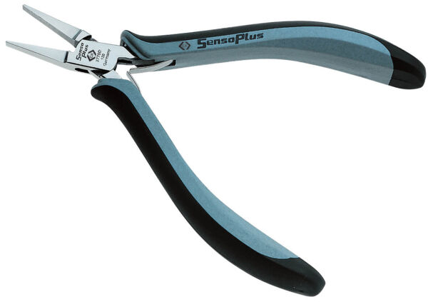 The image shows a pointed pair of pliers with two handles. The handles are ergonomically shaped, half dark and half light blue. The cutting edge is shiny and sharp, suitable for precise tasks.