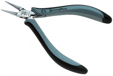 The image shows a pair of pliers with long, pointed jaws. The handle is ergonomically designed, black and gray, and provides a good grip. It appears sturdy and precise.