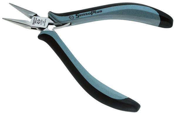 The image shows a pair of pliers with long, pointed blades. The handles are ergonomically designed, black with gray accents. The pliers have a shiny metal surface and a logo.