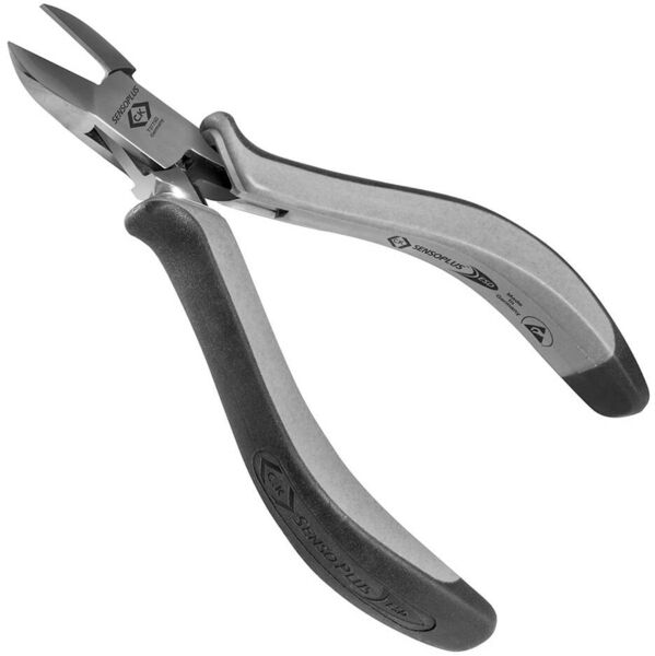 The image shows a special pair of pliers with slim, metallic blades and gray, rubberized handles. It is slightly curved and ideal for cutting small objects.