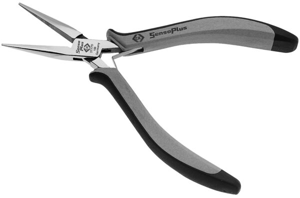 The image shows a pair of pliers with narrow, pointed jaws and an ergonomic handle. The handle is partly gray and partly black, while the plier jaws are shiny and metallic.