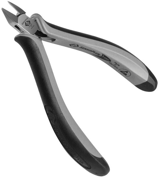 The image shows an ideal pair of pliers with a gray, shiny head and black, ergonomic handles. It is small, handy, and suitable for precise cutting tasks.