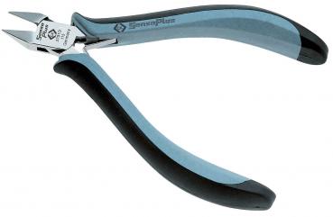 The image shows a small pair of pliers with curved, non-slip handles in blue and black. The cutting edge is precise and narrow, ideal for cutting fine materials.