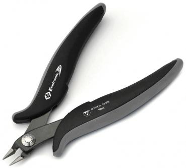 The image shows a wire cutter with ergonomic, black handles. The pliers have pointed, sharp blades that meet in the middle. It is designed for precise cutting.