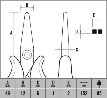 The image displays technical drawings of a pair of scissors from two perspectives. Dimensions in millimeters and weight specifications are provided to illustrate the size relationships.