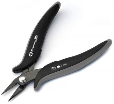 The image shows a small pair of pliers with two black, ergonomic handles and a pointed, narrow cutting edge. It is suitable for precise cutting and crafting.