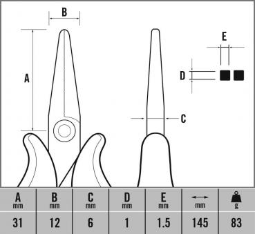 The image displays a technical drawing of a pair of scissors. The dimensions A, B, C, D, and E are provided, as well as the weight. The scissors are shown from the front and side views.