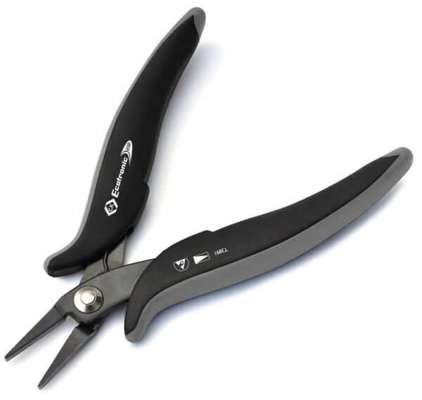 The image shows a pair of pliers with long, pointed jaws. The handle is ergonomically shaped and non-slip, providing a stable grip. The pliers are lightweight and metallic.