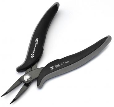 The image shows a special pair of pliers with long, narrow jaws. The handles are ergonomically shaped and feature a non-slip coating for better grip. It is made of metal.