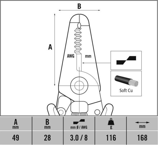 The image displays a technical drawing of a connector with dimensions A (49 mm) and B (28 mm). Along with the dimensions, information about the wire thickness and material is also provided.