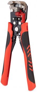 The image shows a cable cutter pliers with a red and black grip area. The pliers have a sturdy, metallic cutting edge and multiple adjustment options for different wire thicknesses.