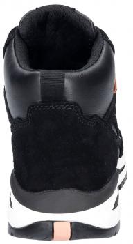 The image shows the back of a black sneaker. The shoe is made from a combination of smooth and velvety materials. On the side, there are white and pink details.