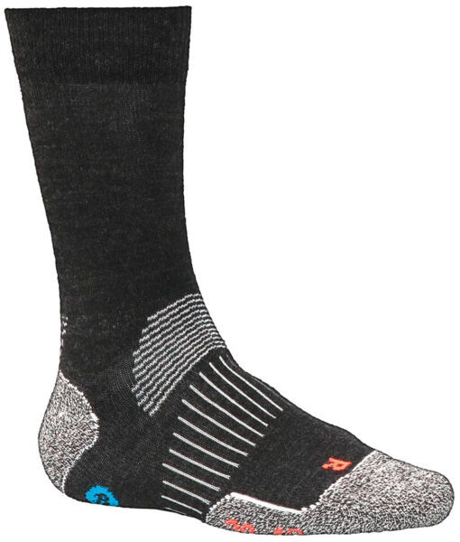 In the picture is a black sock with various textures and patterns. The sock features colored accents in blue and orange and is cut to mid-calf length.