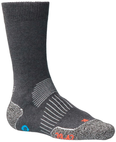 The image shows a gray sock. It has a ribbed upper part and a reinforced structure on the sole. Colored accents in blue and orange are visible.