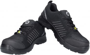 The image shows a pair of black athletic shoes. They have a sturdy sole and breathable materials. The surface is smooth with a graphic pattern and laces.