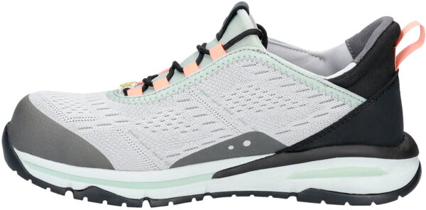 The shoe is a sporty sneaker in gray and mint green, with a light, breathable surface. It has a sturdy sole and colored laces for additional support.