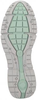 The image shows the underside of a sports shoe. The sole features a gray pattern with greenish accents. Various grooves and elevations are visible, which provide grip.