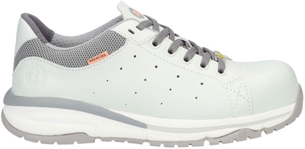 The shoe is light blue with gray accents. It has a smooth surface, breathable mesh, and is equipped with laces. The sole is thick and slightly curved.