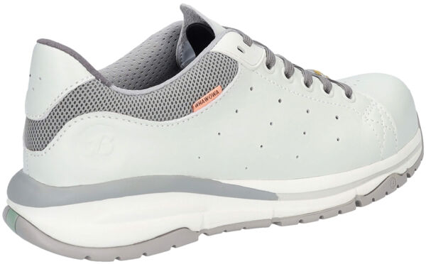 The shoe is a gray sneaker made of smooth material with airy mesh inserts. It has flat laces and a textured, light sole for good grip.