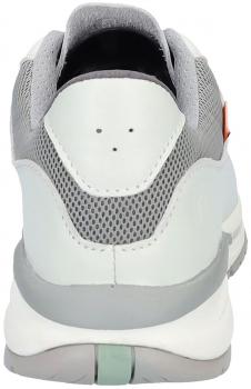 The image shows the rear view of a sneaker. It is predominantly light gray with a white sole. The upper has a mesh structure and a small orange label on the side.