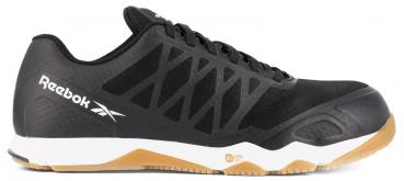 The shoe is a sporty, black sneaker by Reebok. It has a smooth surface with a rubberized sole and a white midline. The laces are placed on top.