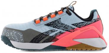 The shoe is sporty, with a blue, textured surface. It has black and orange accents as well as a thick, grippy sole. The shape is sleek and modern.