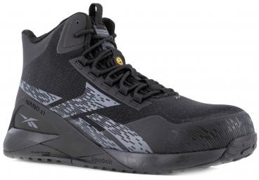 The shoe is high-cut and primarily black, with gray and white accents. It has a textured surface, laces, and a grippy sole, ideal for training.