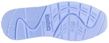 The image shows the sole of a Reebok shoe in a light blue. It features a textured design with wave and groove patterns for good grip. The Reebok logo is visible.