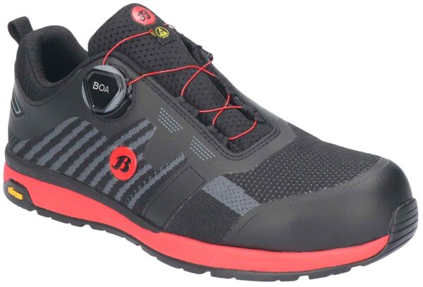 The shoe is black with red accents and features a modern design. It has a textile upper, a non-slip sole, and a BOA closure system for fit adjustment.