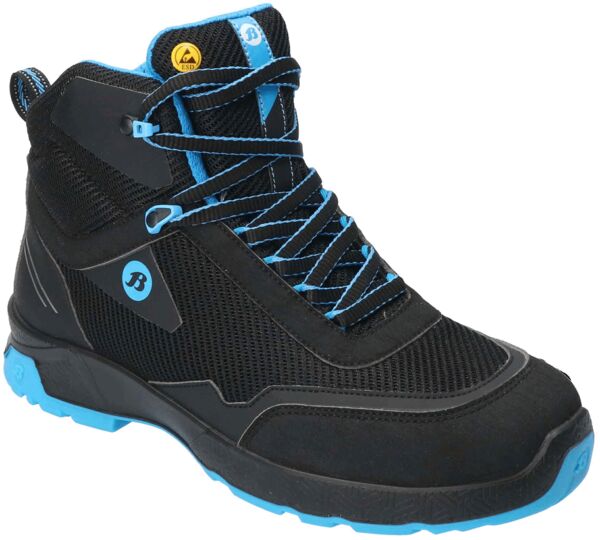 The shoe is a black, high hiking boot with blue details. It has a sturdy rubber sole and is equipped with laces that are in blue. The surface appears durable.