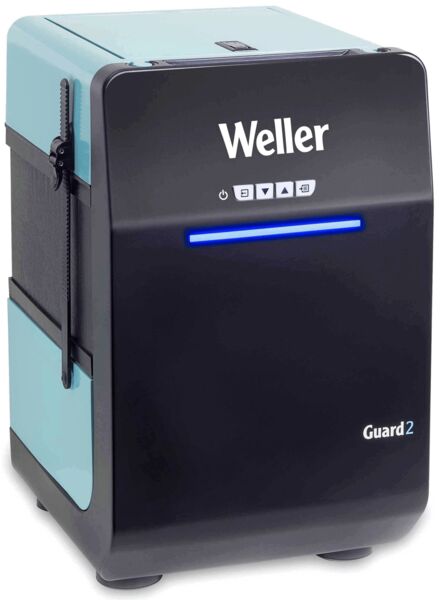 The image displays a compact device in black and turquoise. It has a smooth front with a blue light strip and several control symbols. Ideal for use in workshops.