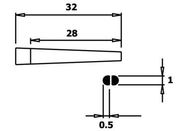 The image displays technical drawings with dimensions. At the top, there is a conical body with a length of 32 and 28 units. Below, two small circles and additional measurements are visible.