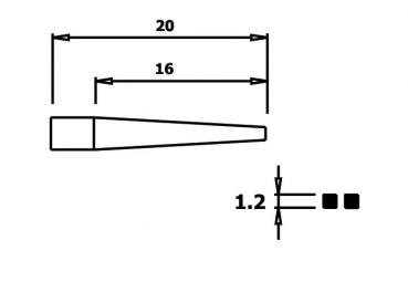 The image displays a narrow, conical shape with dimensions of 20 units in length and 16 units in width at the wider side. Below, there is a measurement of 1.2 units.