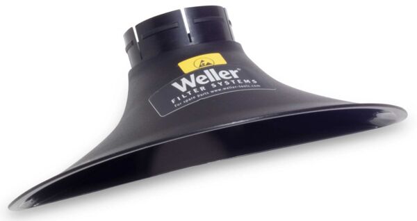 The image displays a black soldering iron tip with a wide, funnel-shaped opening. The Weller logo is visible at the top. The tip is used to enhance heat distribution.