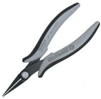 The image shows a pair of pliers with long, pointed jaws. The handle is ergonomically shaped and features a gray and black color scheme. It is suitable for precise tasks.